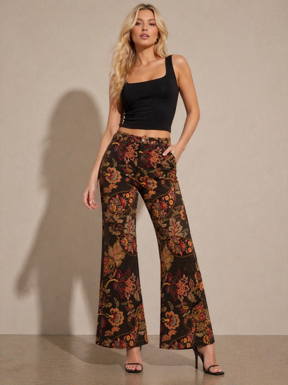 AKIRA Brown Multi Floral Flare Pants – Wide Leg Boho Retro L/XL NWT